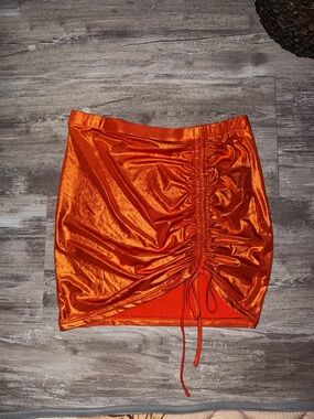 Sorella Ruched Orange Satin Mini Skirt